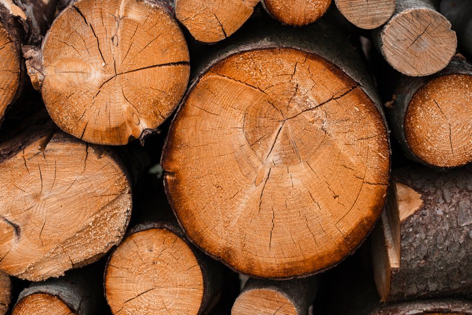 Photograph of stacked cut logs with visible growth rings and cracked surfaces, showing various shades of brown and textured bark. The logs are arranged in a tightly packed manner, highlighting the nat
