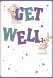 Bursting with playful warmth, this illustrated get well card features two joyful companions-a fluffy teddy bear and an eager puppy-each artfully propping up the bold, colourful letters that spell out 'Get Well.' The vivid indigos and soothing teals contrast beautifully against a gentle cream background, creating an uplifting vibrancy that feels as calming as a slow stroll past local Willesden flower stalls. Whimsical stars scatter across the scene in rich shades of blue and purple, lighting the card with a hopeful, enchanted joy that's familiar to anyone who's watched the local parks come alive after rain. The soft, tactile fur of the bear and puppy looks impossibly inviting, almost as comforting as the embrace of a freshly delivered bouquet arranged with care for recovery. The overall design carries a message that goes beyond words-a tender emotional salve, perfect for sending genuine comfort and kindness to someone recuperating in the heart of Willesden. Every detail, from the expressive animal faces to the lively font, is imbued with sincerity and a sense of celebration-the kind of positive, heartfelt cheer that a local florist crafts into every bespoke get well arrangement.